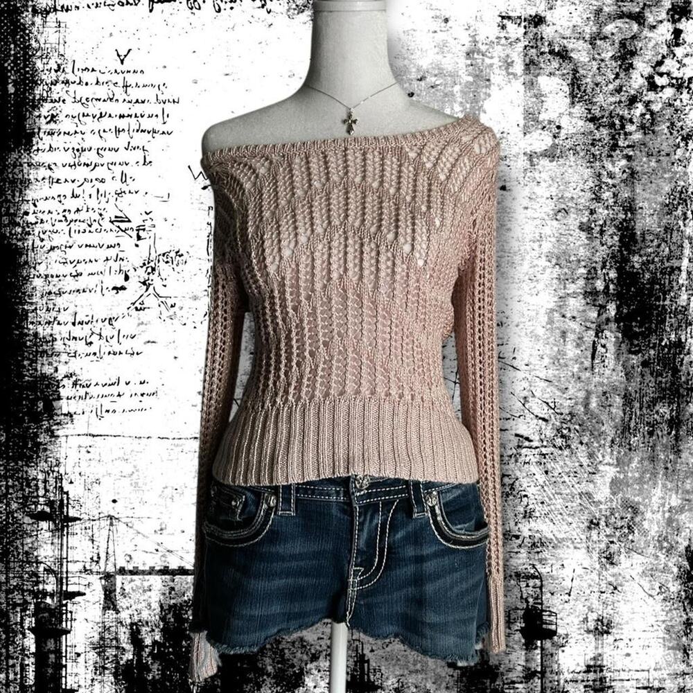soft shimmery light baby pink open knit long sleeve sweater